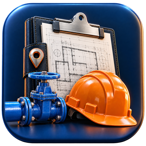 Icono de Agenda de Obras: carpeta de planos, válvula azul y casco naranja